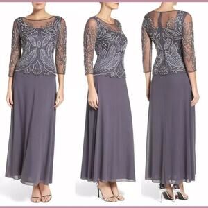 Pisarro Nights Beaded Embellished Grey Blue Mesh Gown
